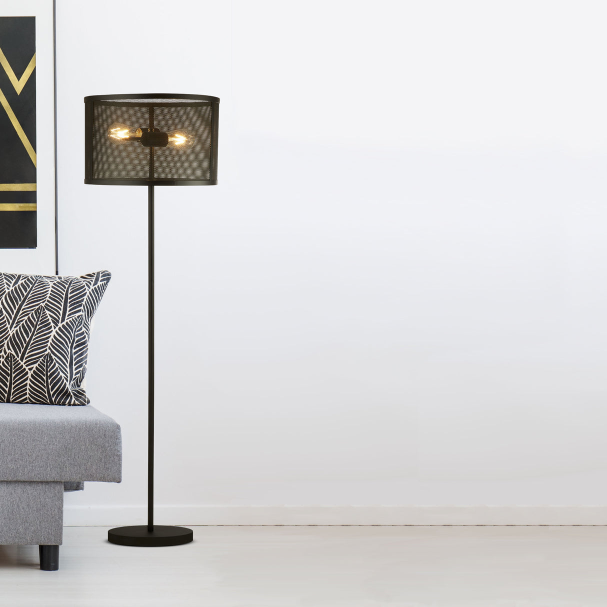 Searchlight Electric Fishnet  2Lt Floor Lamp  - Matt Black Metal & Mesh Shade 2832-2BK