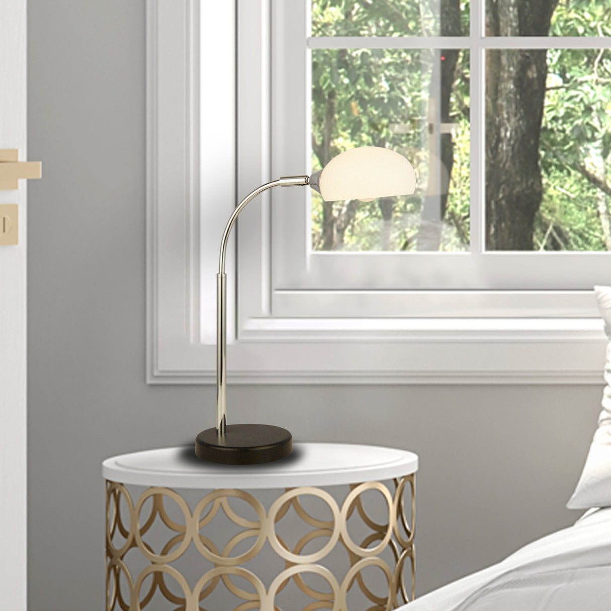 Searchlight Electric Astro Table Lamp - Black & Chrome Metal & Opal Glass Shade 3086-1WH