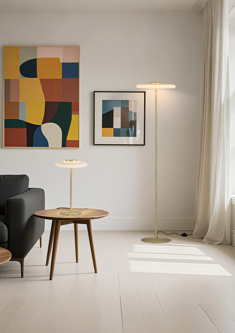 Searchlight Electric Record 1Lt Floor Lamp, Gold Metal with White Glass 33121PB