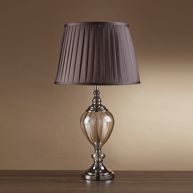 Searchlight Electric Greyson Table Lamp - Chrome, Amber Glass & Brown Shade 3721AM
