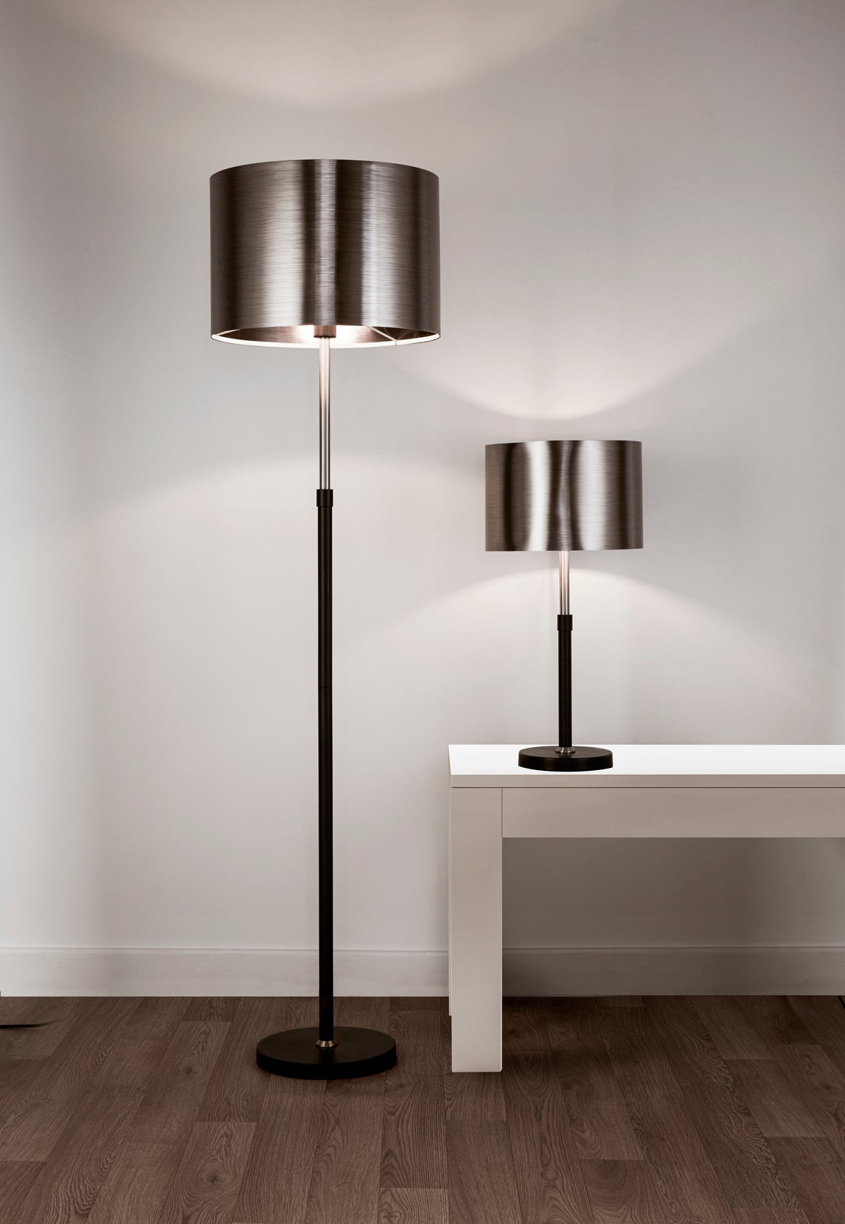 Searchlight Electric Rachel Floor Lamp - Black Metal, Satin Silver & Chrome Shade 3879BK