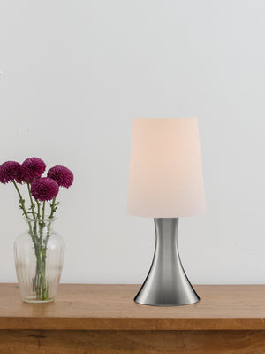 Searchlight Electric Touch Table Lamp - Satin Silver Metal & White Fabric Shade 3922SS