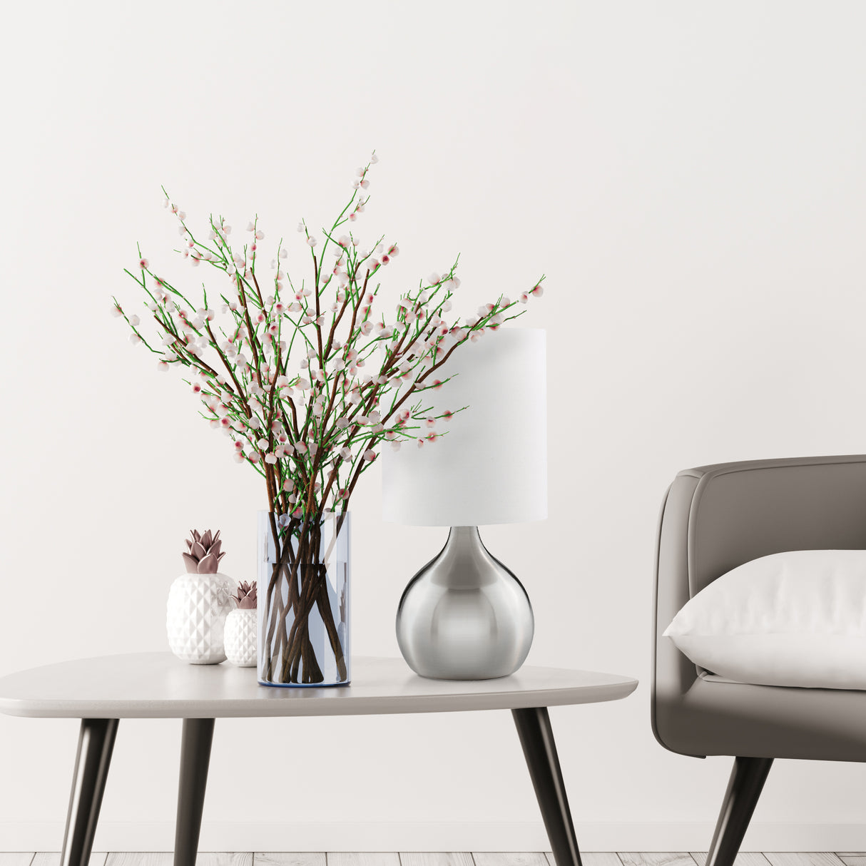 Searchlight Electric Touch Table Lamp - Satin Silver Metal & Ivory Fabric Shade 3923SS