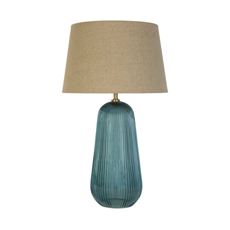 Searchlight Electric Cameo 1Lt Table Lamp, Blue Glass with Natural Linen Shade 44652AZ