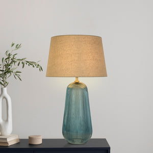 Searchlight Electric Cameo 1Lt Table Lamp, Blue Glass with Natural Linen Shade 44652AZ
