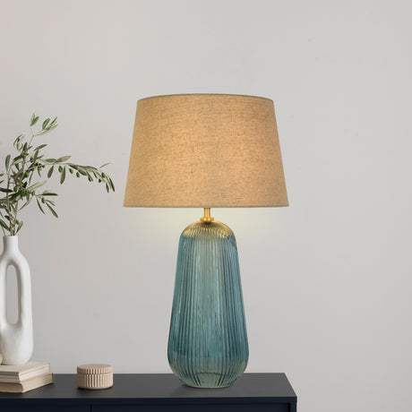 Searchlight Electric Cameo 1Lt Table Lamp, Blue Glass with Natural Linen Shade 44652AZ