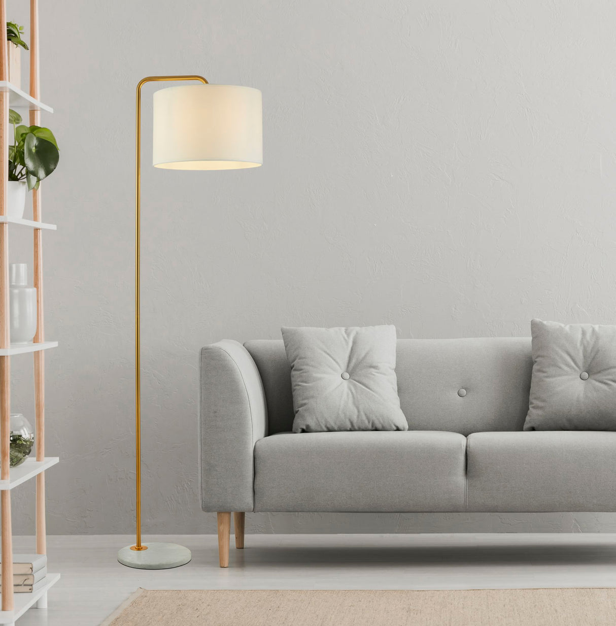 Searchlight Electric Gallow Floor Lamp-Antique Gold Metal, Marble & White Fabric 5024GO