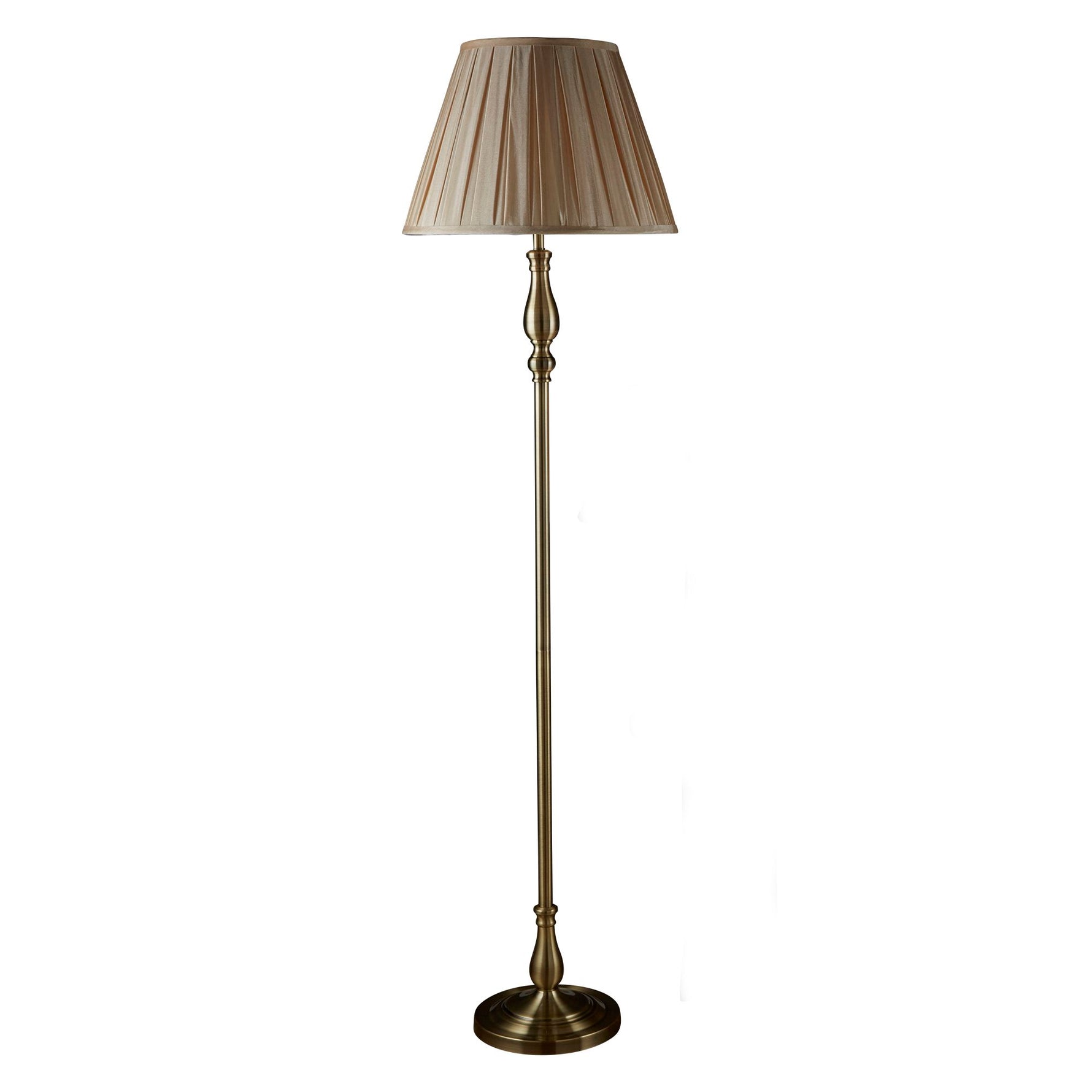 Searchlight Electric Flemish Floor Lamp- Antique Brass Metal & Grey Pleated Shade 5029AB