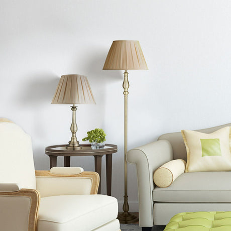 Searchlight Electric Flemish Floor Lamp- Antique Brass Metal & Grey Pleated Shade 5029AB