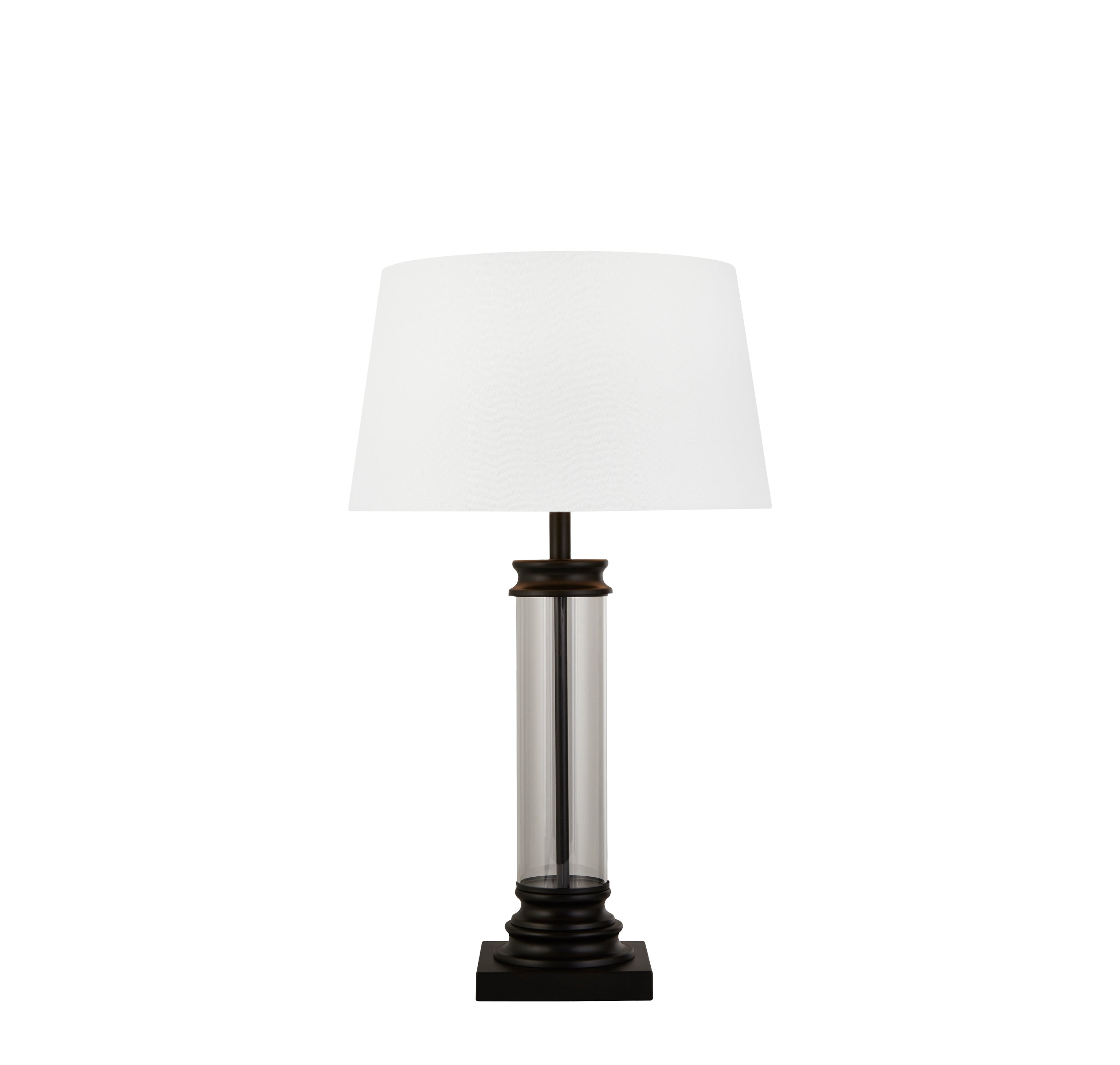 Pedestal Table Lamp- Black Metal, Glass & White Fabric Shade