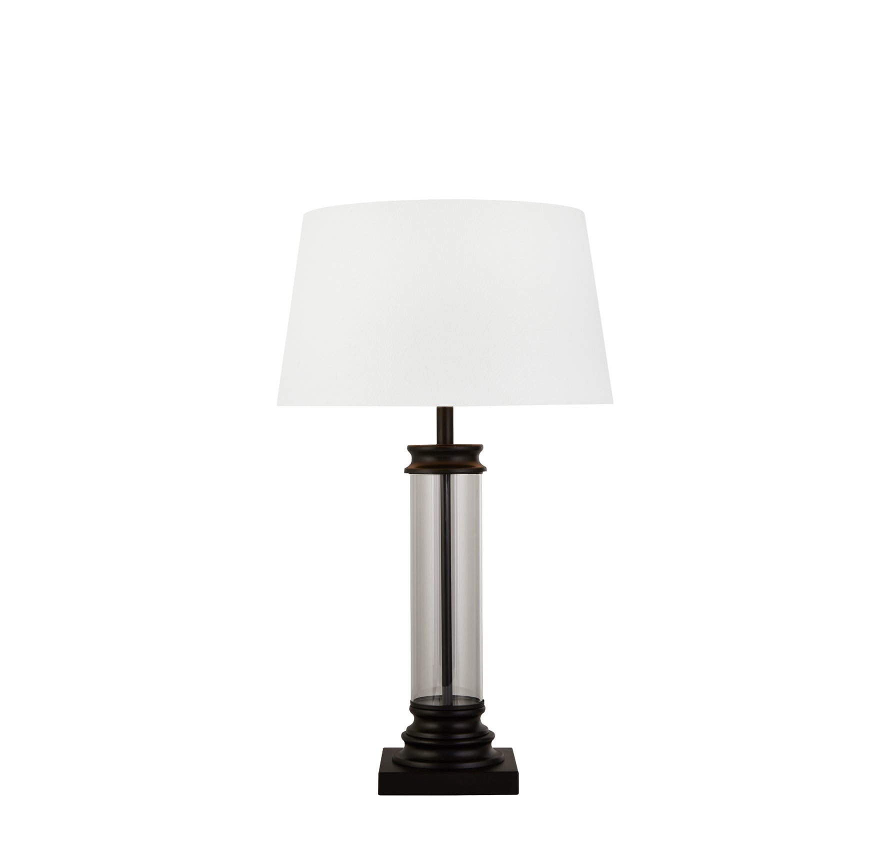 Pedestal Table Lamp- Black Metal, Glass & White Fabric Shade