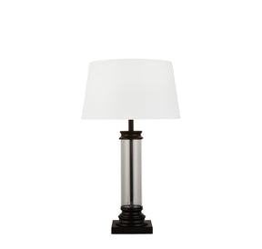 Pedestal Table Lamp- Black Metal, Glass & White Fabric Shade