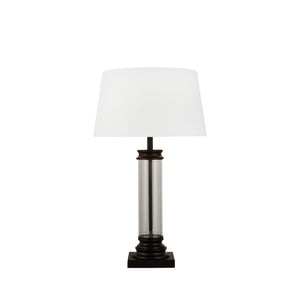 Pedestal Table Lamp- Black Metal, Glass & White Fabric Shade