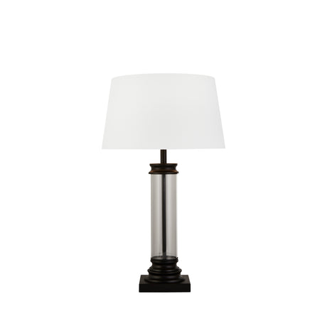 Pedestal Table Lamp- Black Metal, Glass & White Fabric Shade