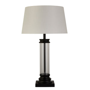 Searchlight Electric Pedestal Table Lamp- Black Metal, Glass & White Fabric Shade 5141BK