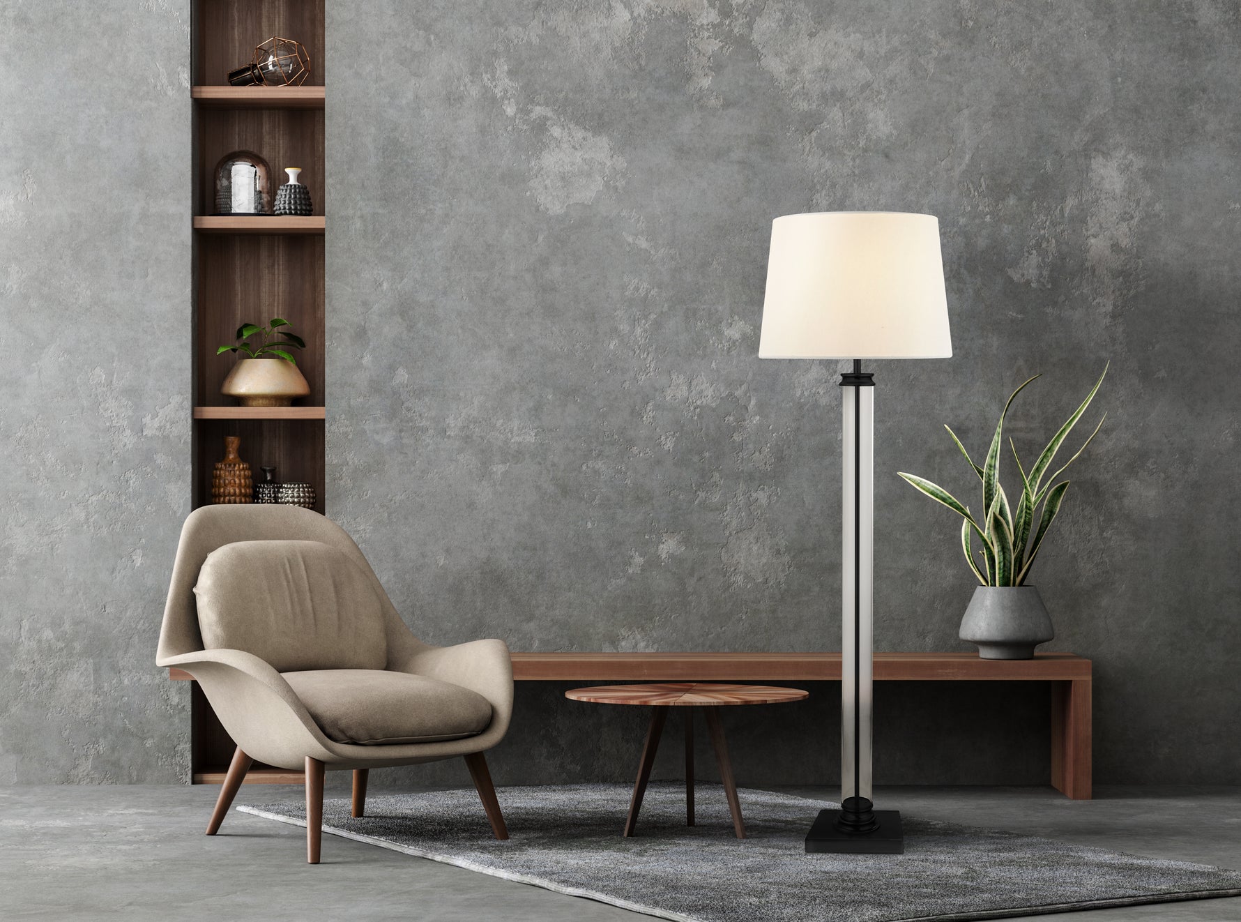 Searchlight Electric Pedestal Floor Lamp- Black Metal, Glass & White Fabric Shade 5142BK