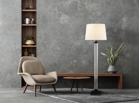 Searchlight Electric Pedestal Floor Lamp- Black Metal, Glass & White Fabric Shade 5142BK
