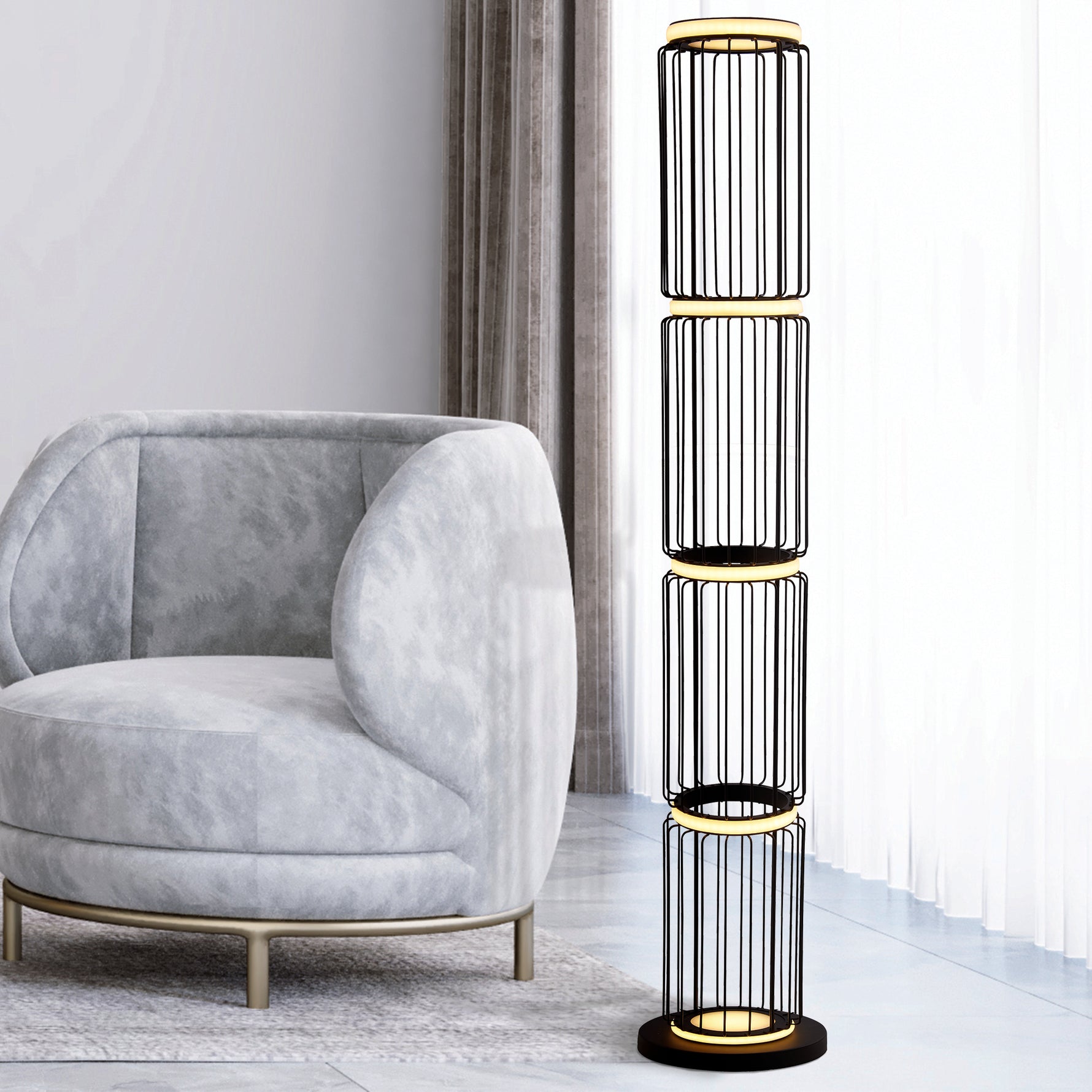Searchlight Electric Circolo Cage Floor Lamp - Black Metal & White Silicon 54211-1BK