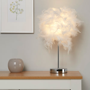Searchlight Electric Hattie Table Lamp - White Feather & Chrome Metal 60392CC