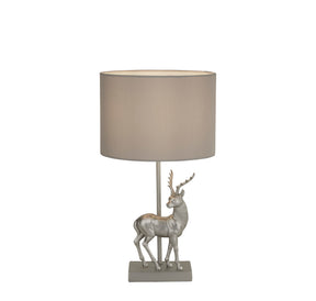 Deer Table Lamp - Silver Resin & Grey Fabric Shade