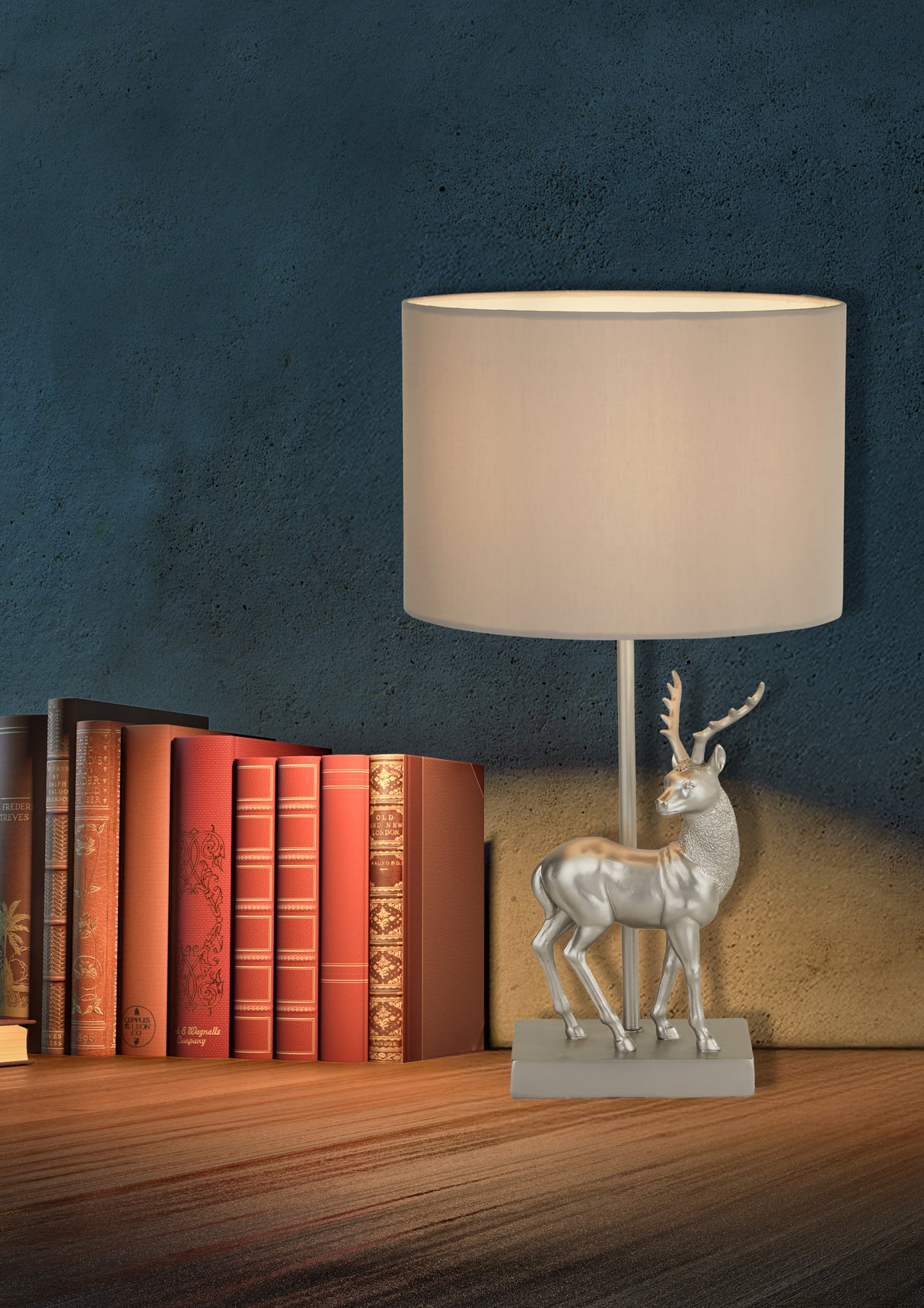 Searchlight Electric Deer Table Lamp - Silver Resin & Grey Fabric Shade 60436SI