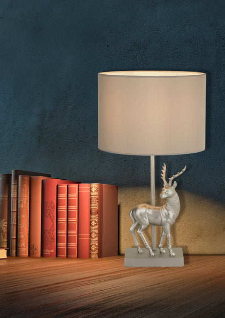 Searchlight Electric Deer Table Lamp - Silver Resin & Grey Fabric Shade 60436SI