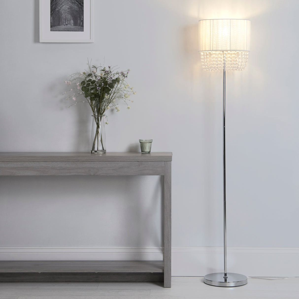 Searchlight Electric Bellano Floor Lamp -  Chrome Metal, White Fabric, Clear Acry 62618CC