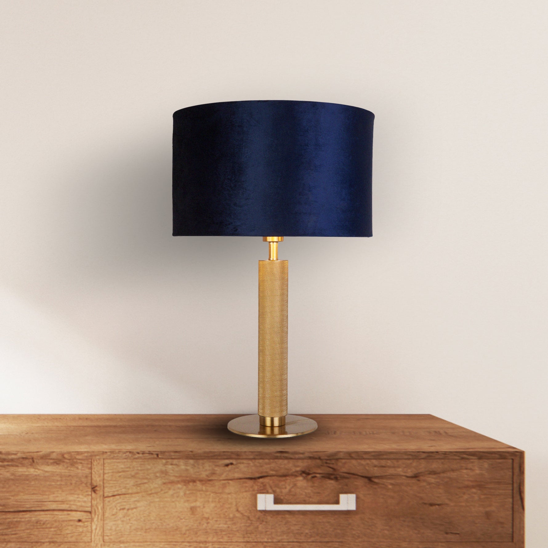 Searchlight Electric London Table Lamp - Knurled Brass & Navy Velvet Shade 65721AZ