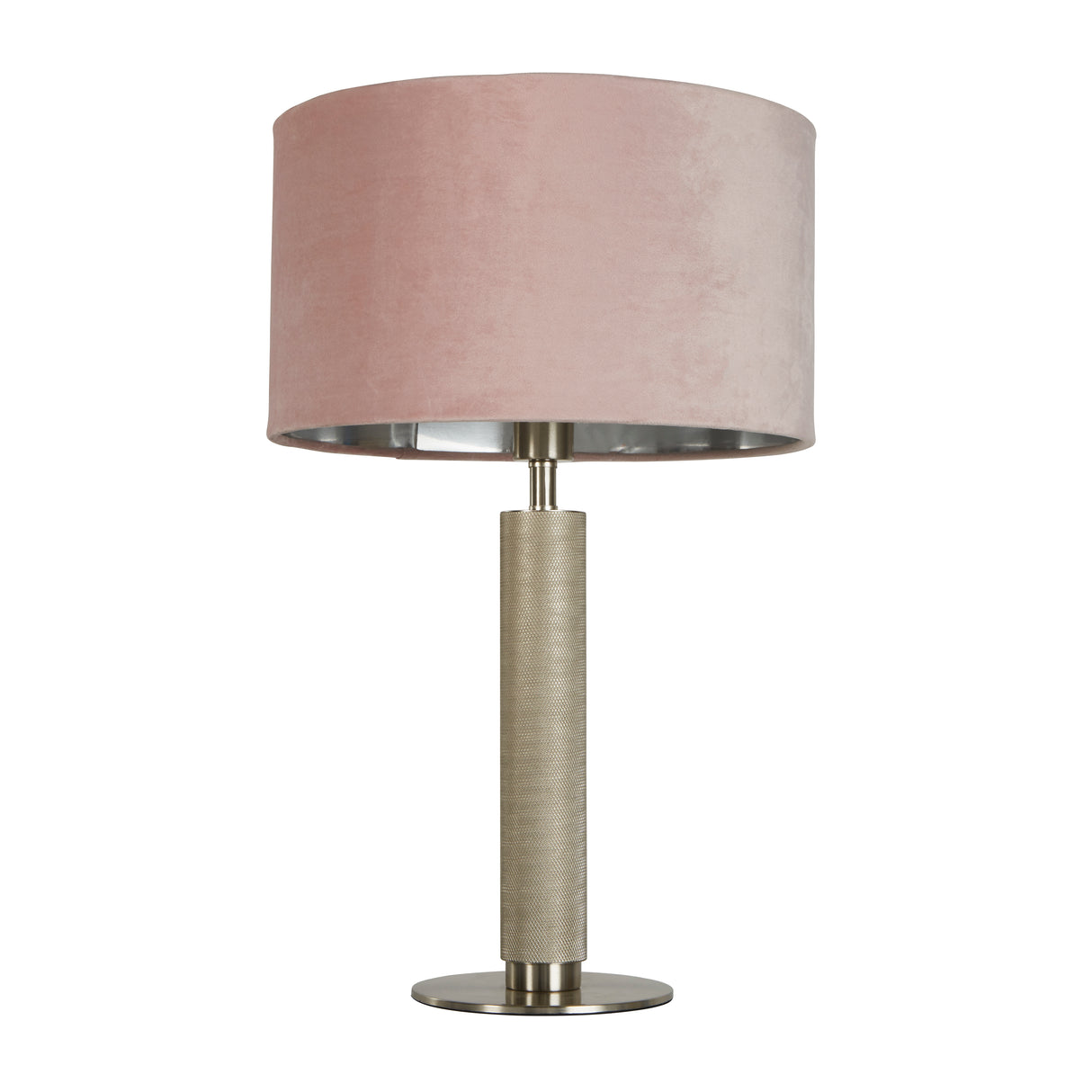 Searchlight Electric London Table Lamp- Knurled Satin Silver & Pink Velvet Shade 65721PI