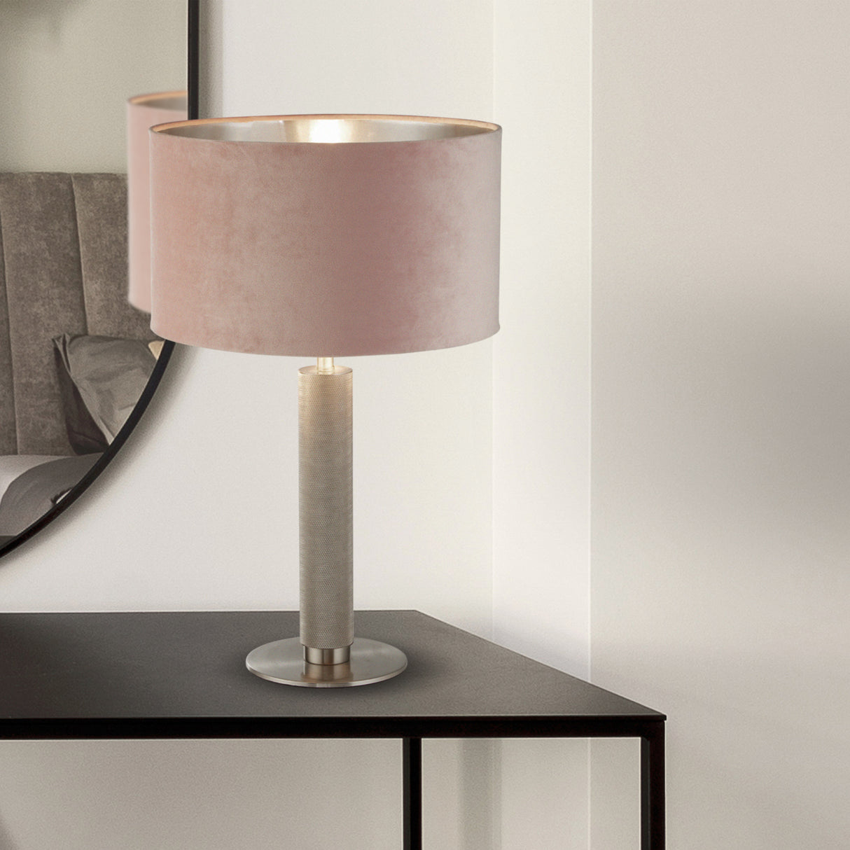 Searchlight Electric London Table Lamp- Knurled Satin Silver & Pink Velvet Shade 65721PI