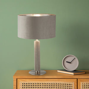 Searchlight Electric London Table Lamp- Knurled Satin Silver & Taupe Velvet Shade 65721TA