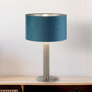 Searchlight Electric London Table Lamp - Knurled Satin Silver & Teal Velvet Shade 65721TE