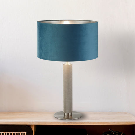 Searchlight Electric London Table Lamp - Knurled Satin Silver & Teal Velvet Shade 65721TE