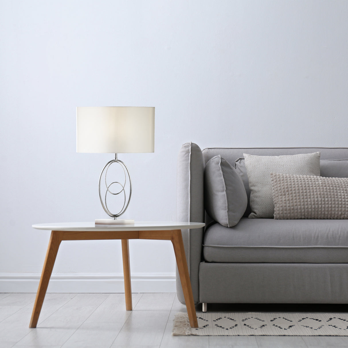 Searchlight Electric Loopy Table Lamp - Chrome Metal& Oval Silver Faux Silk Shade 69041CC
