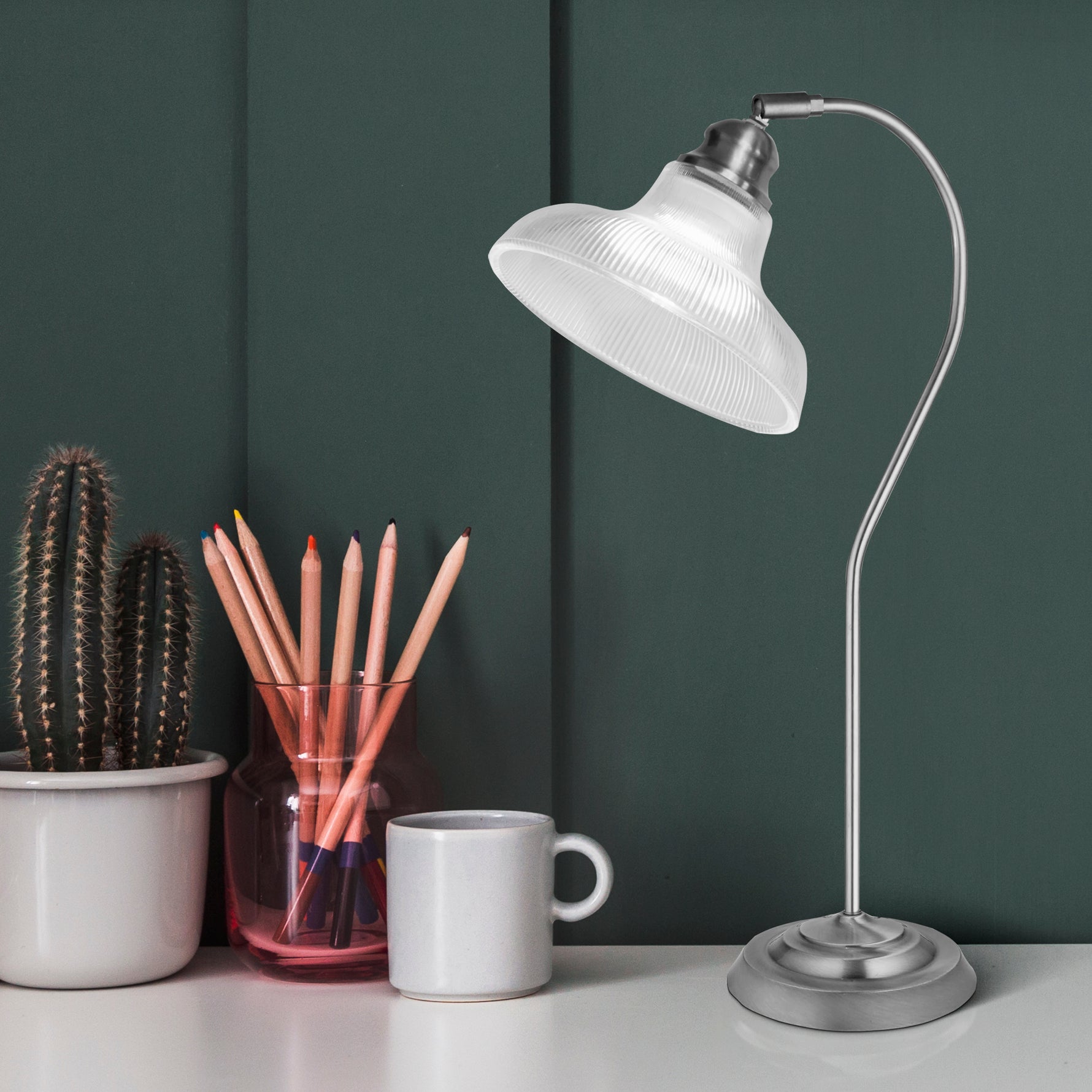 Searchlight Electric Bistro III Table Lamp -Satin Silver & Holphane Style Glass 7180SS