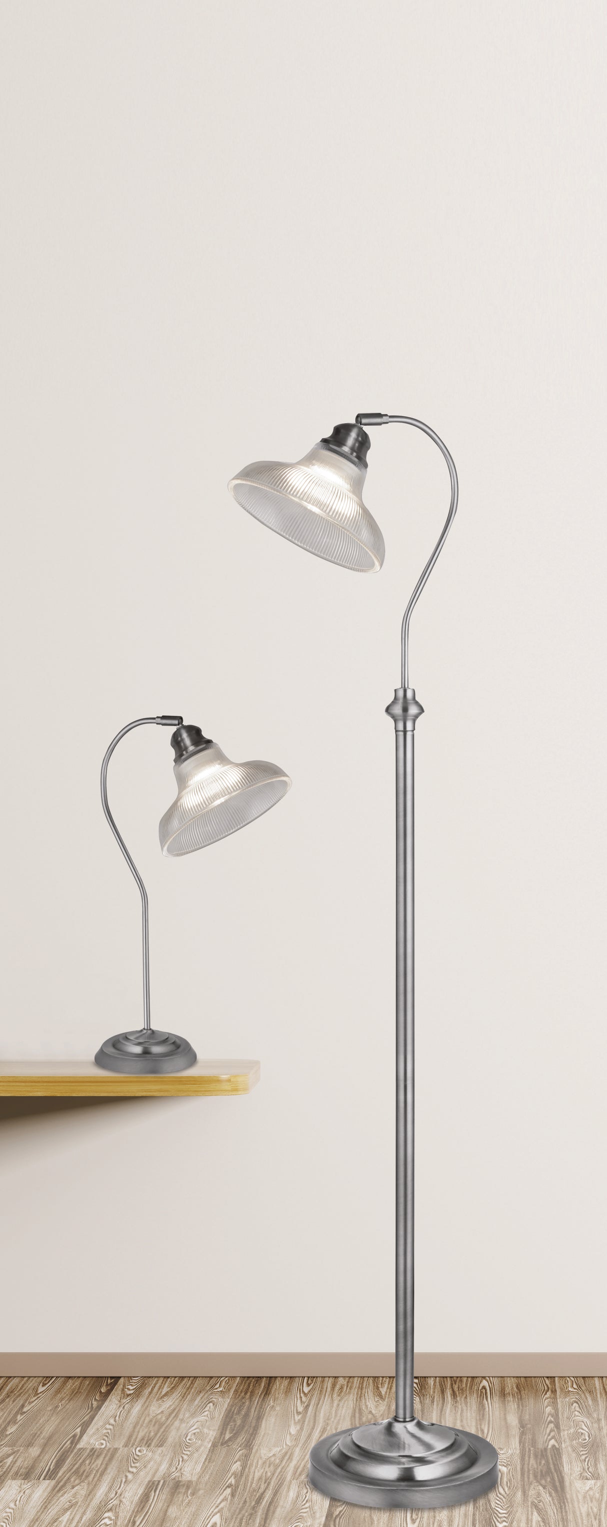Searchlight Electric Bistro III Floor Lamp - Satin Silver & Holphane Style Glass 7184SS