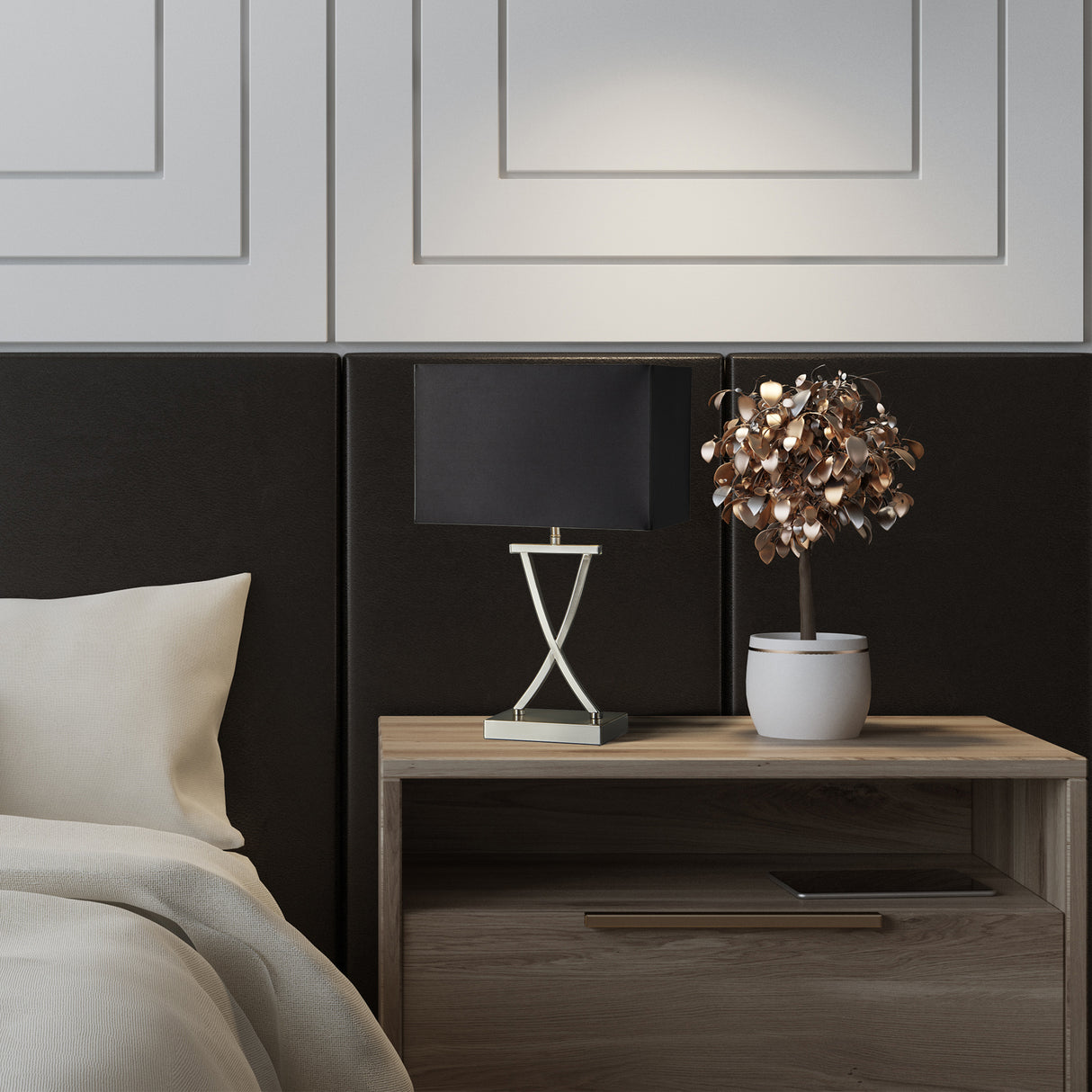 Searchlight Electric Club Table Lamp - Satin Silver Metal & Black Faux Silk Shade 7923SS