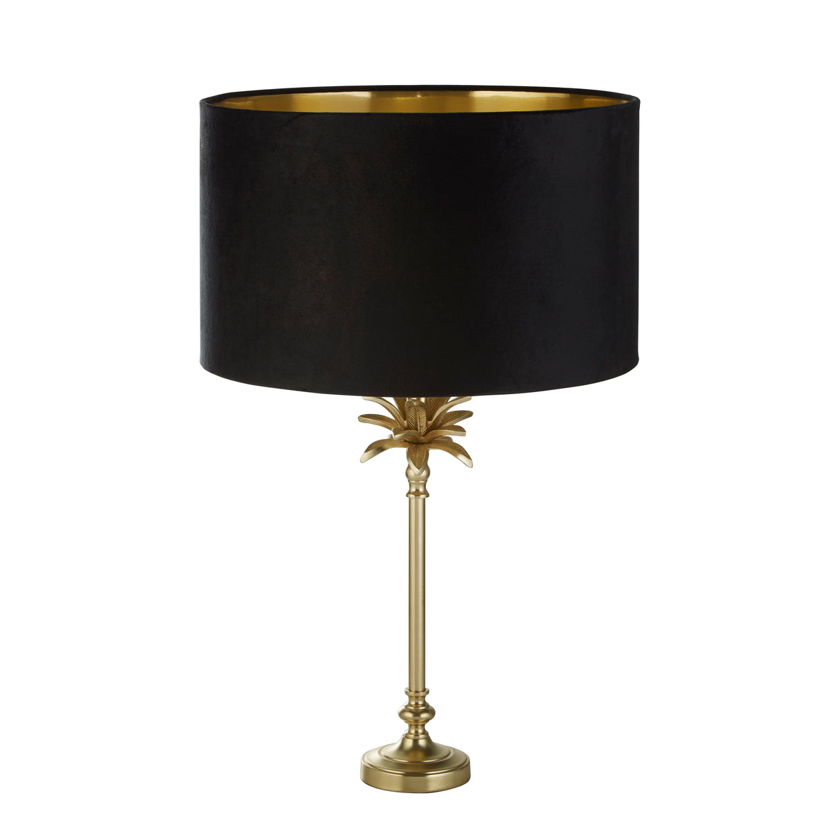 Searchlight Electric Palm Table Lamp - Satin Brass & Black Velvet Shade 81212BK