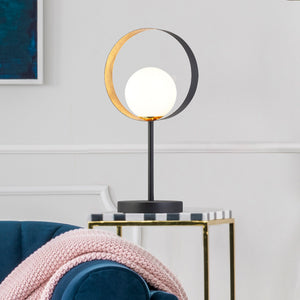Searchlight Electric Orbital Table Lamp - Black Metal, Gold Leaf & Opal Glass 8141BGO