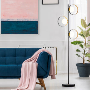 Searchlight Electric Orbital Floor Lamp - Black Metal, Gold Leaf & Opal Glass 8143BGO