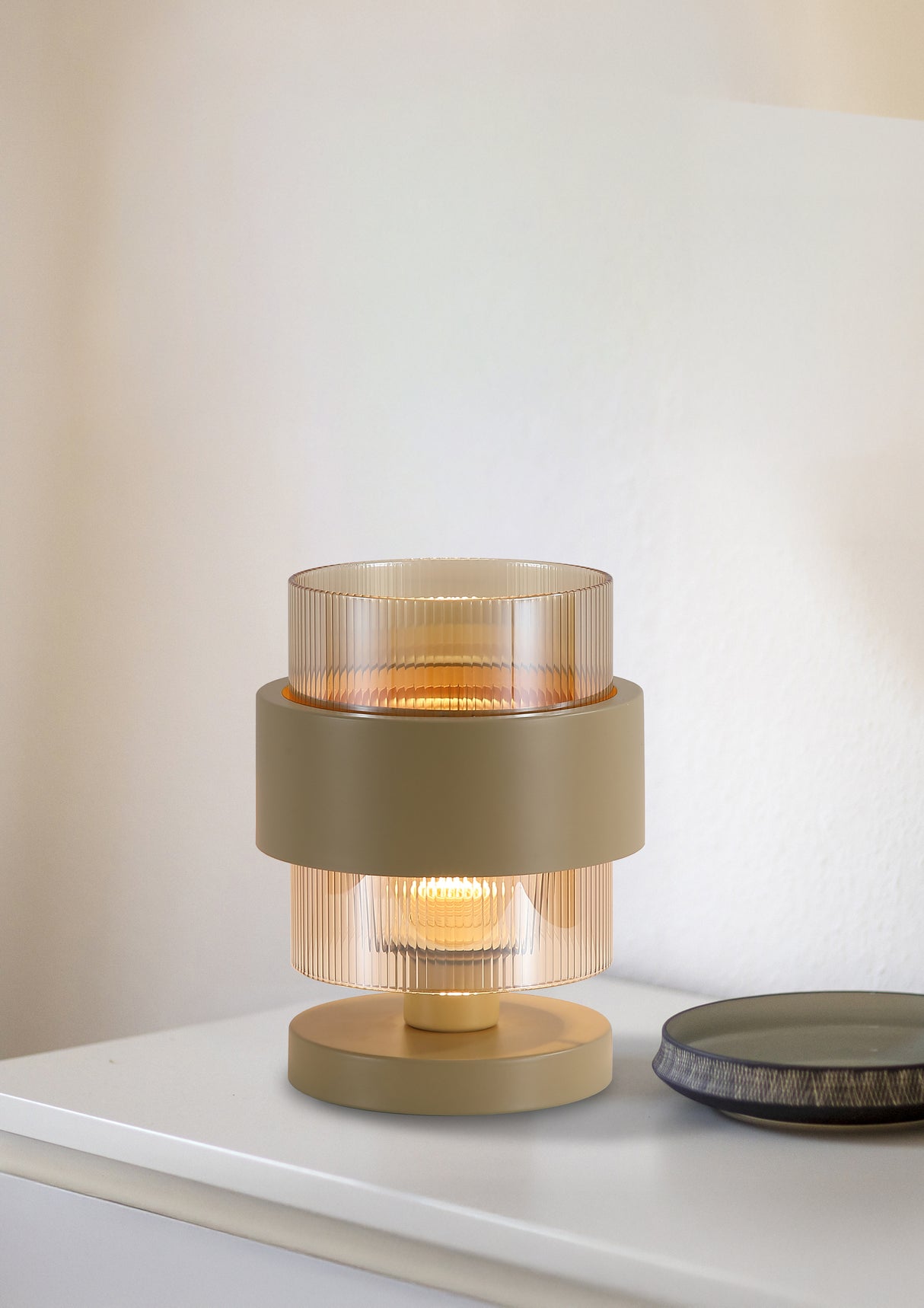 Searchlight Electric Royal 1Lt Table Lamp, Sand Metal, Amber Ribbed Glass 82437-1SA
