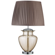 Elina Table Lamp - Chrome Metal, Amber Glass & Brown Shade