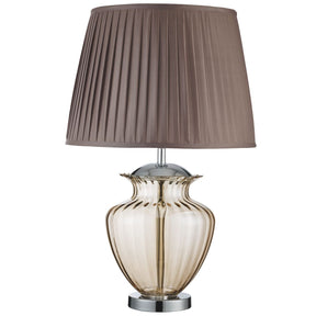 Elina Table Lamp - Chrome Metal, Amber Glass & Brown Shade