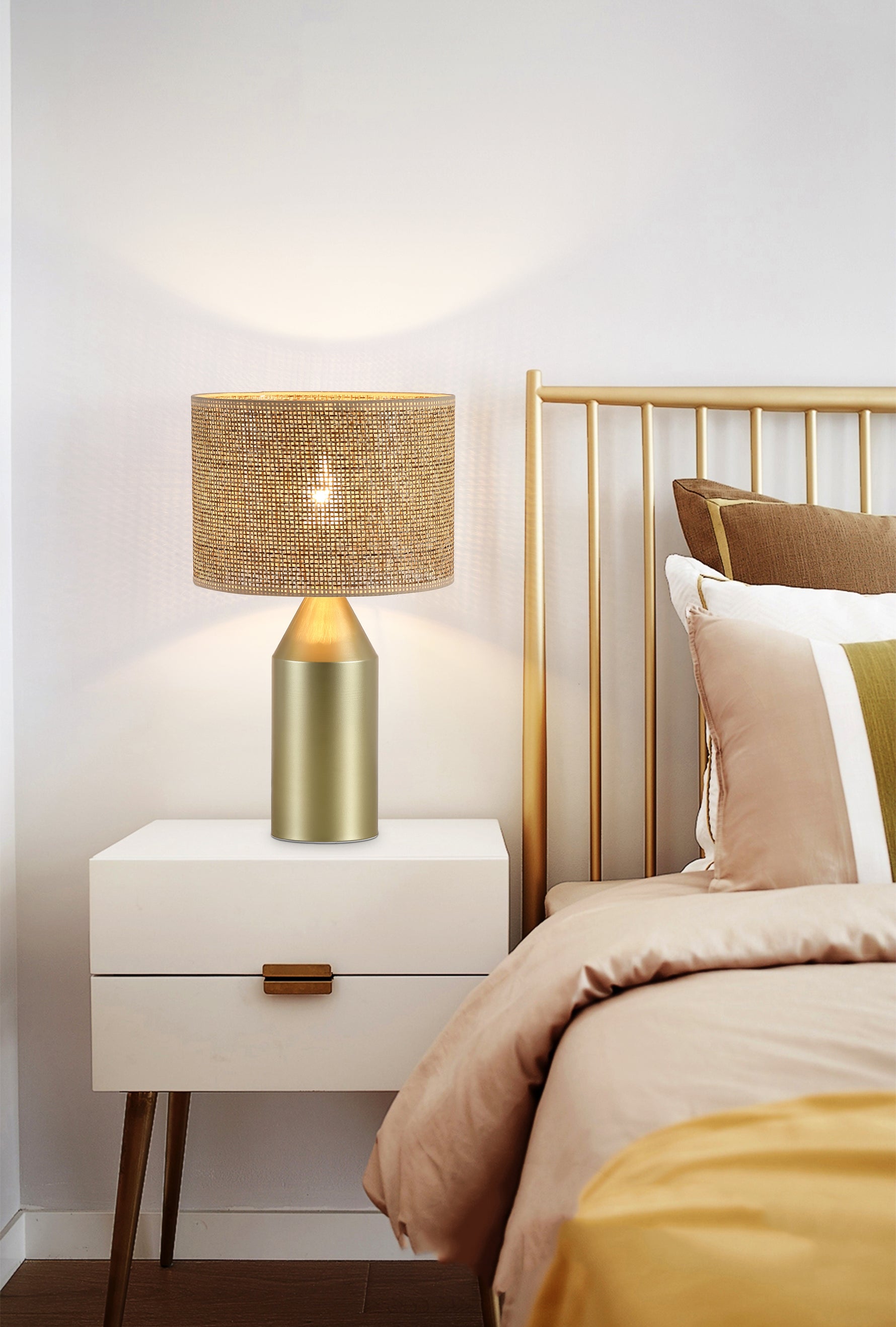 Searchlight Electric Pheobe 1Lt Table Lamp, Gold Metal with Rattan Shade 89745GO