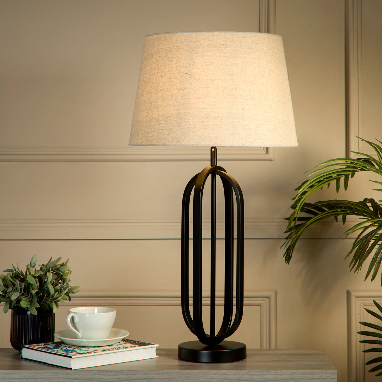 Searchlight Electric Chic Table Lamp - Black Metal with Natural Shade 91101NA