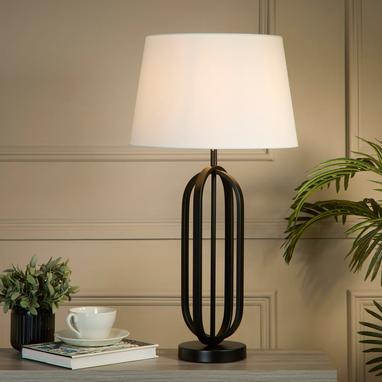Searchlight Electric Chic Table Lamp - Black Metal with White Shade 91101WH