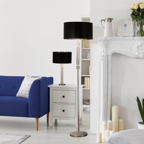 Searchlight Electric Kylie Table Lamp - Chrome Metal, Clear Glass & Black Shade 9387CC
