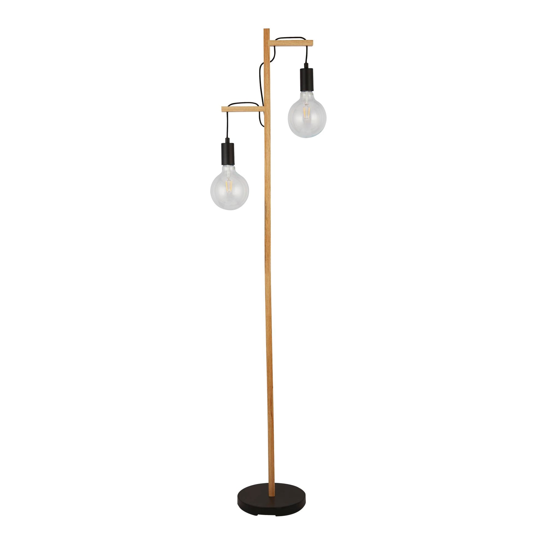 Searchlight Electric Woody  2Lt Floor Lamp  - Natural Wood & Black Metal 95041-2BR