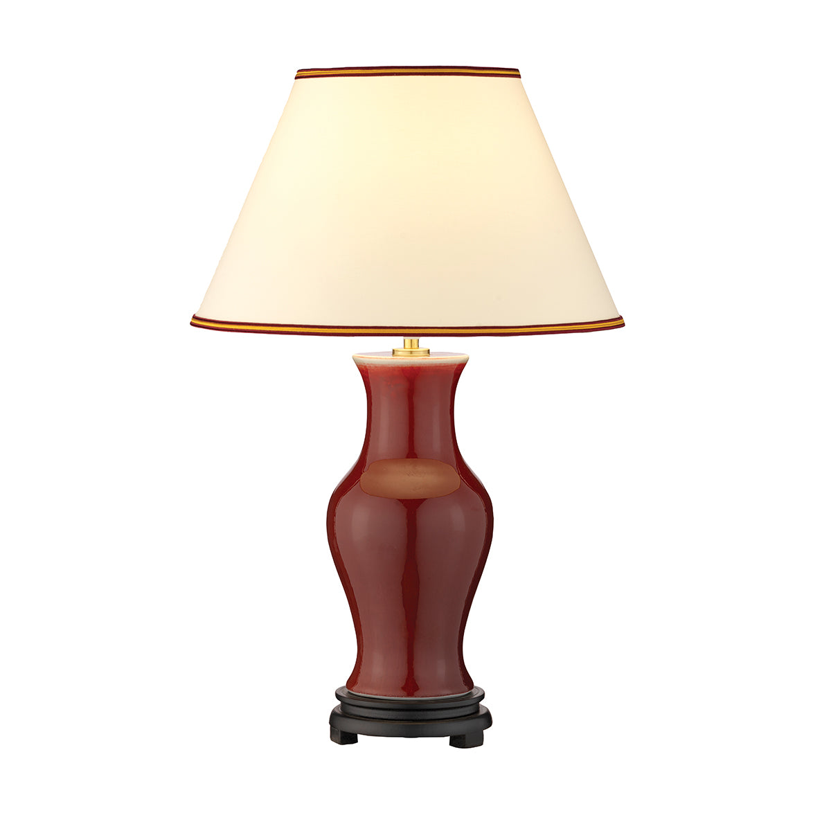 Elstead Lighting Table Lamp from the Oxblood range. Majin Oxblood Red Jar 1 Light Table Lamp with Polycotton shade Product Code = DL-MAJIN-SMALL-TL-OXB