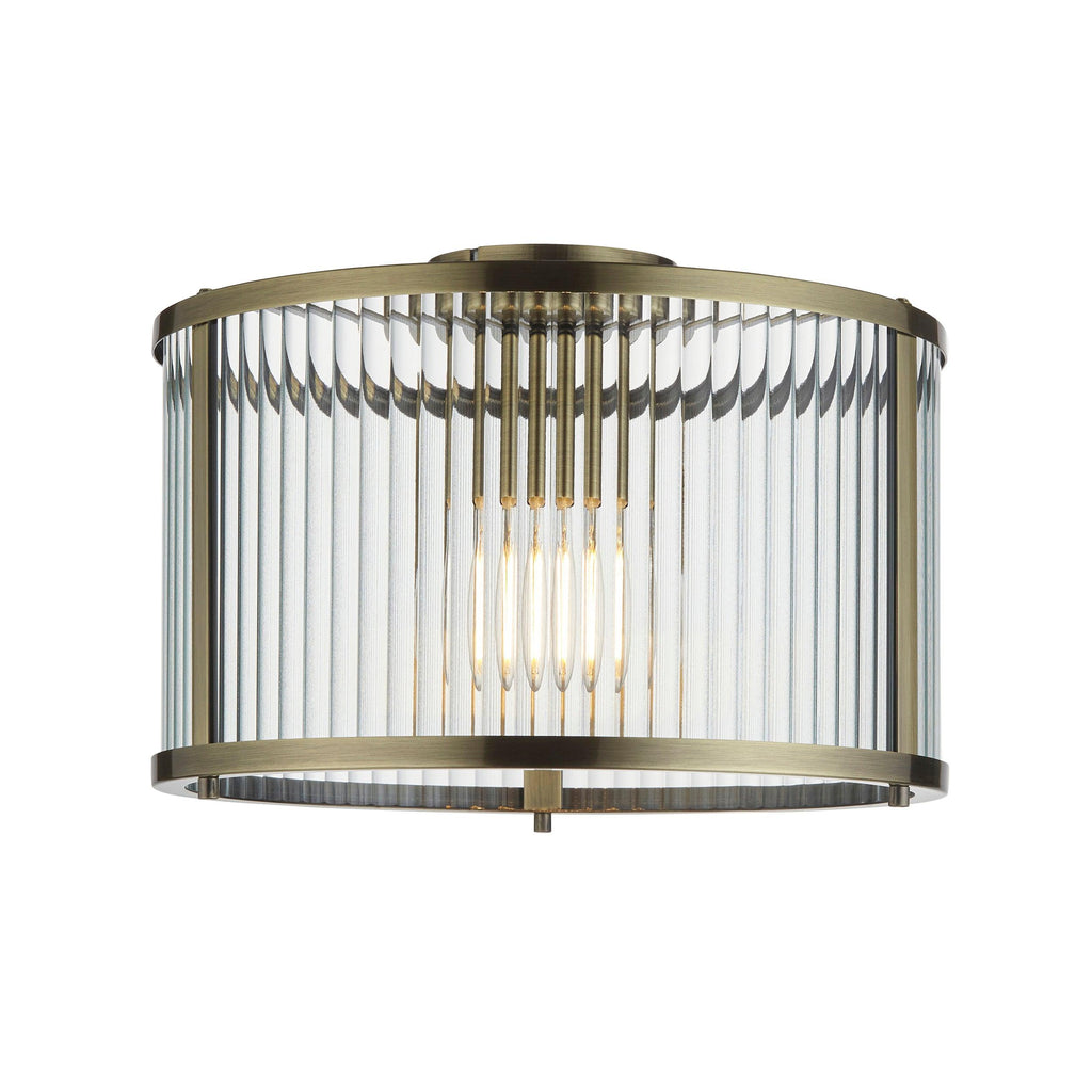Endon Lighting 106265 - Endon Lighting 106265 Ridgeton Indoor Flush Light Antique brass plate & clear ribbed glass Dimmable